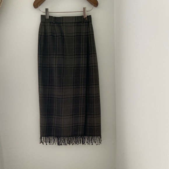 Ralph Lauren Vintage Plaid Tartan Tweed Wrap Fringed Maxi Skirt Green 4 - Picture 2 of 13